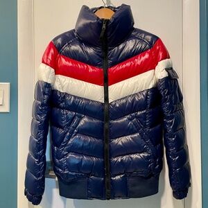 S13 Womens Glossy Retro Stripe Down Bomber Puffer Jacket Navy/Red/White (Size S)